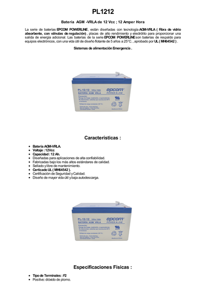 Batería 12 Vcc / 12 Ah / UL / Tecnología AGM-VRLA / Para uso en equipo electrónico Alarmas de intrusión / Incendio/ Control de acceso / Video Vigilancia / Terminales F2 / Cargador recomendado CHR-80.