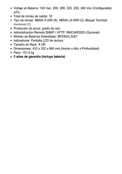 UPS de 10000 VA/10000 W, Online Doble Conversión, 200 - 240 Vac de Entrada, 120 - 240 Vac de Salida, Entrada Hardwired, Onda Senoidal Pura, Torre o Rack de 8 UR, Con 6 Tomas NEMA 5-20R, 3 NEMA L6-30R y Terminal Hardwire