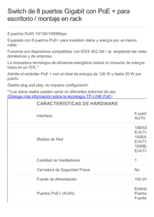 Switch Gigabit PoE+ no administrable de 8 puertos 10/100/1000 Mbps, para escritorio