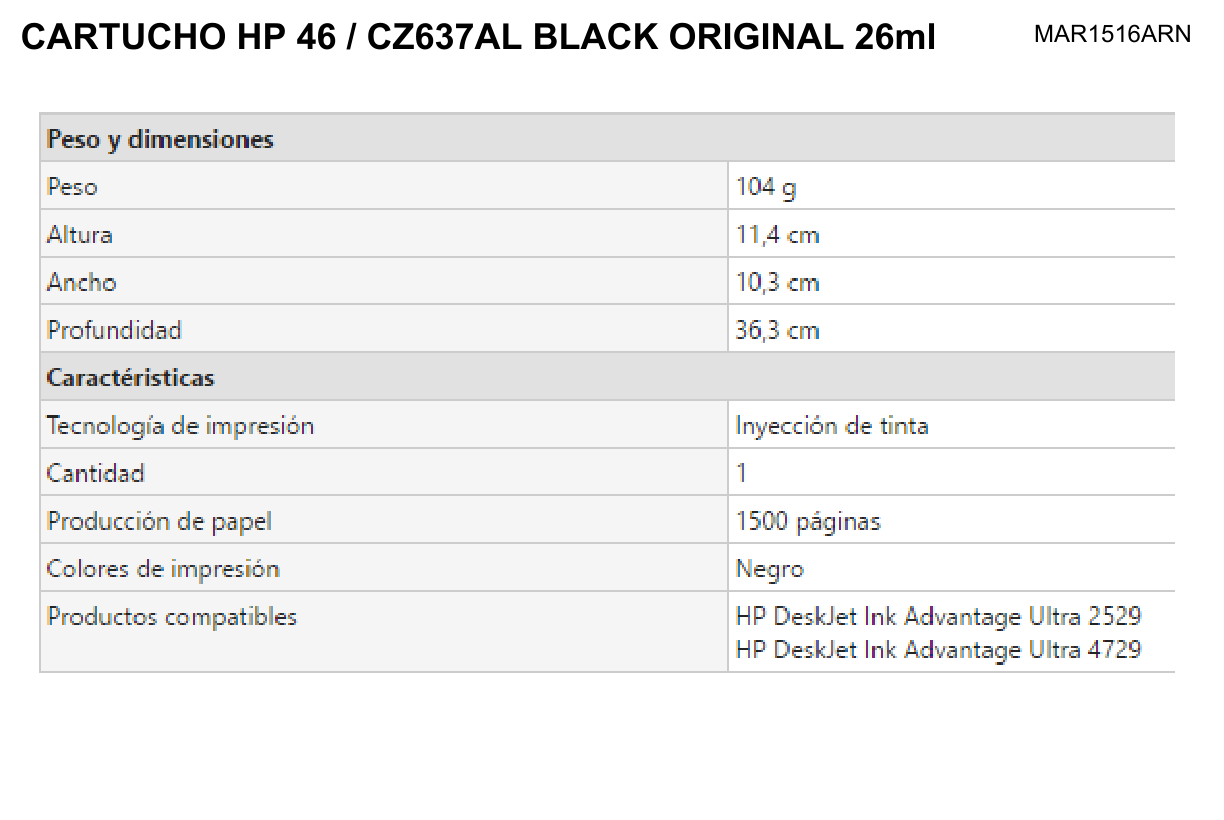 TINTA HP 46 CZ637AL NEGRO DESKJET 2529/4729/2029  (1 500 PAG)