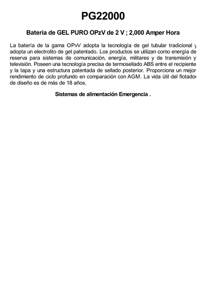 Batería de GEL PURO OPzV / 2 V @ 2,000 Ah / Ciclo profundo /Uso en Aplicaciones Fotovoltaicas y de Respald