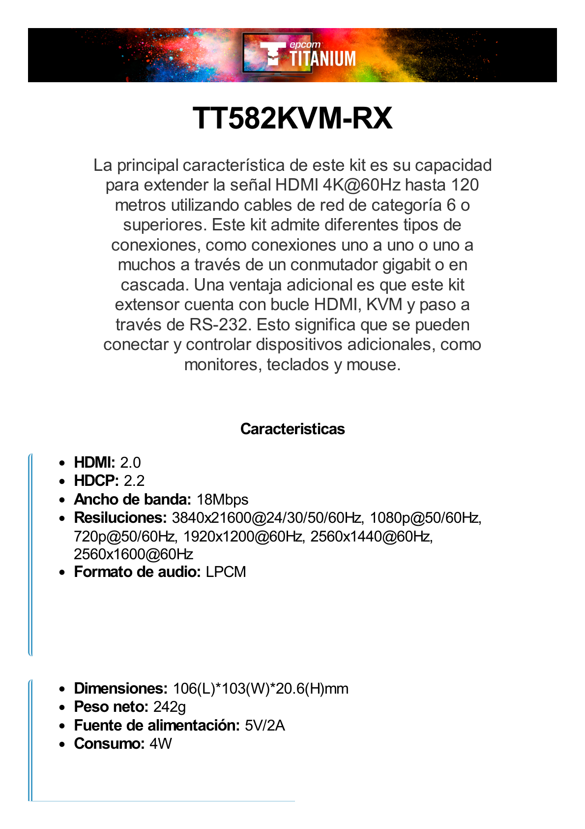 Receptor Compatible para Kit TT582-KVM |4K @60Hz | Cat 6, 6a y 7 |  hasta 150 metros | Transmite el Video y Controla tu DVR vía USB a distancia