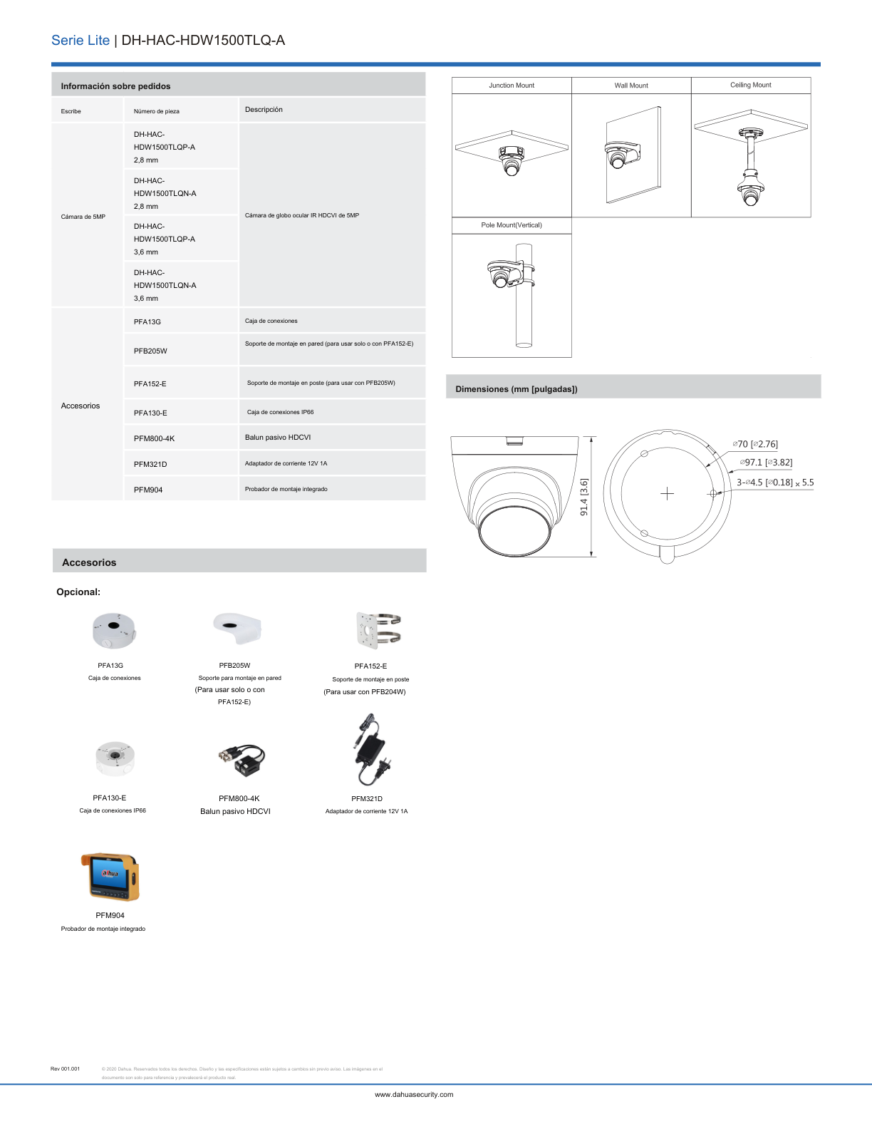 Camara Dahua DH-HAC-HDW1500TLQN-A domo 5 mpx lente 2.8mm IR 30 m plastico exterior microfono starlight IP67