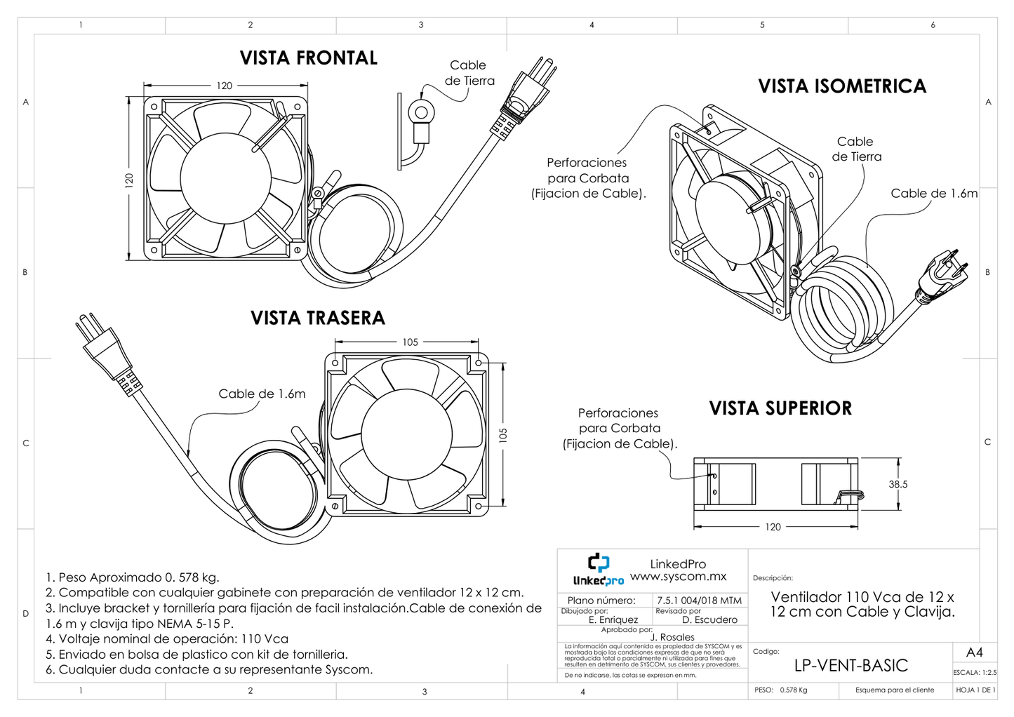 Ventilador LinkedPRO by Epcom 10 Vca de 12 x 12 cm con Cable y Clavija