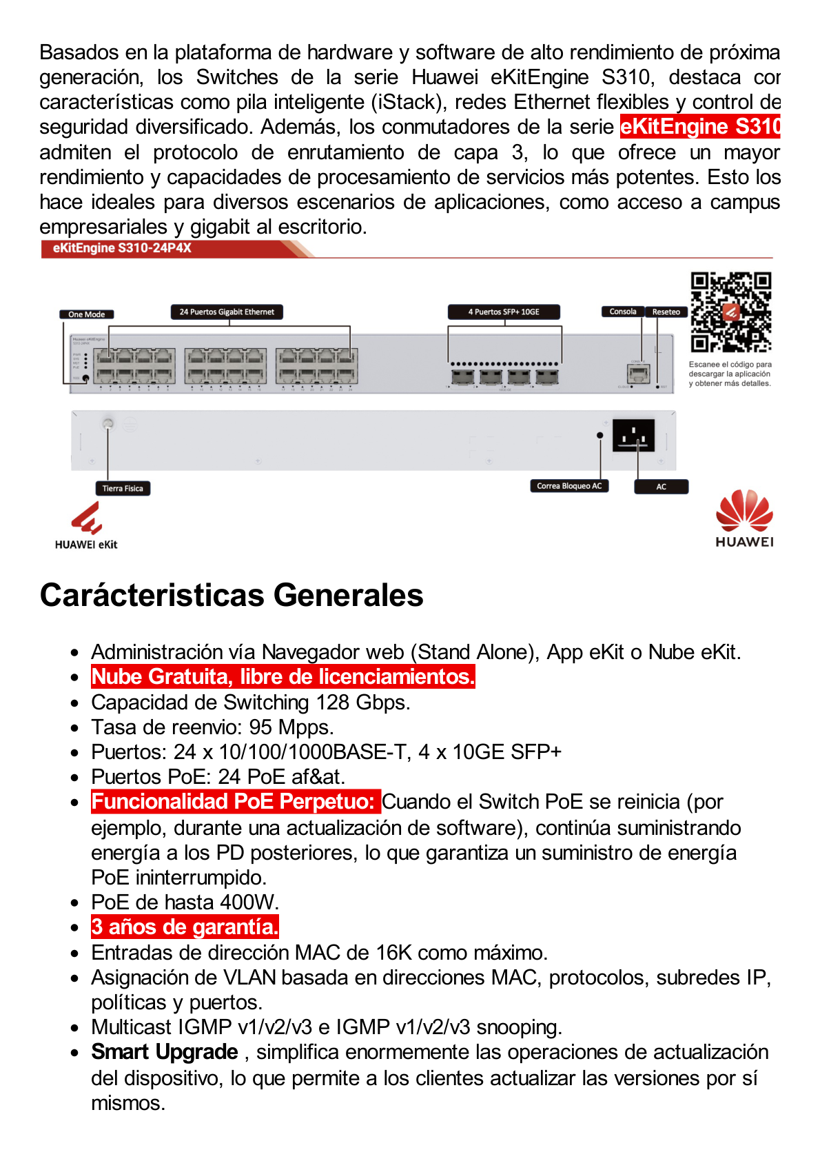 Switch Gigabit Administrable PoE Capa 3 / 24 puertos 10/100/1000 Mbps (PoE) / 4 Puertos SFP+ Uplink / 400W / PoE Perpetuo / iStack / Administración Nube Gratis