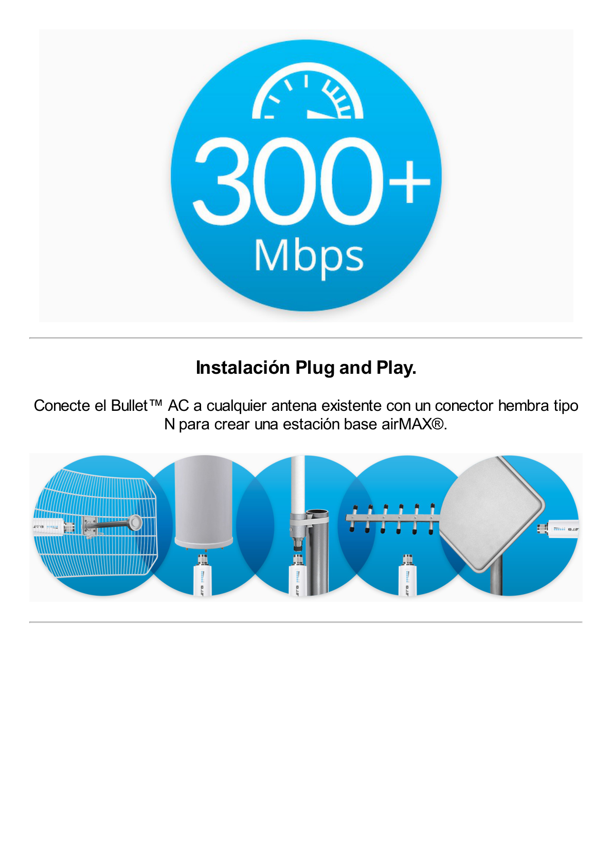 Radio Doble Banda Bullet airMAX AC hasta 160 Mbps en 2.4 GHz (2412-2472 MHz) o 300 Mbps en 5 GHz (5150-5875 MHz)