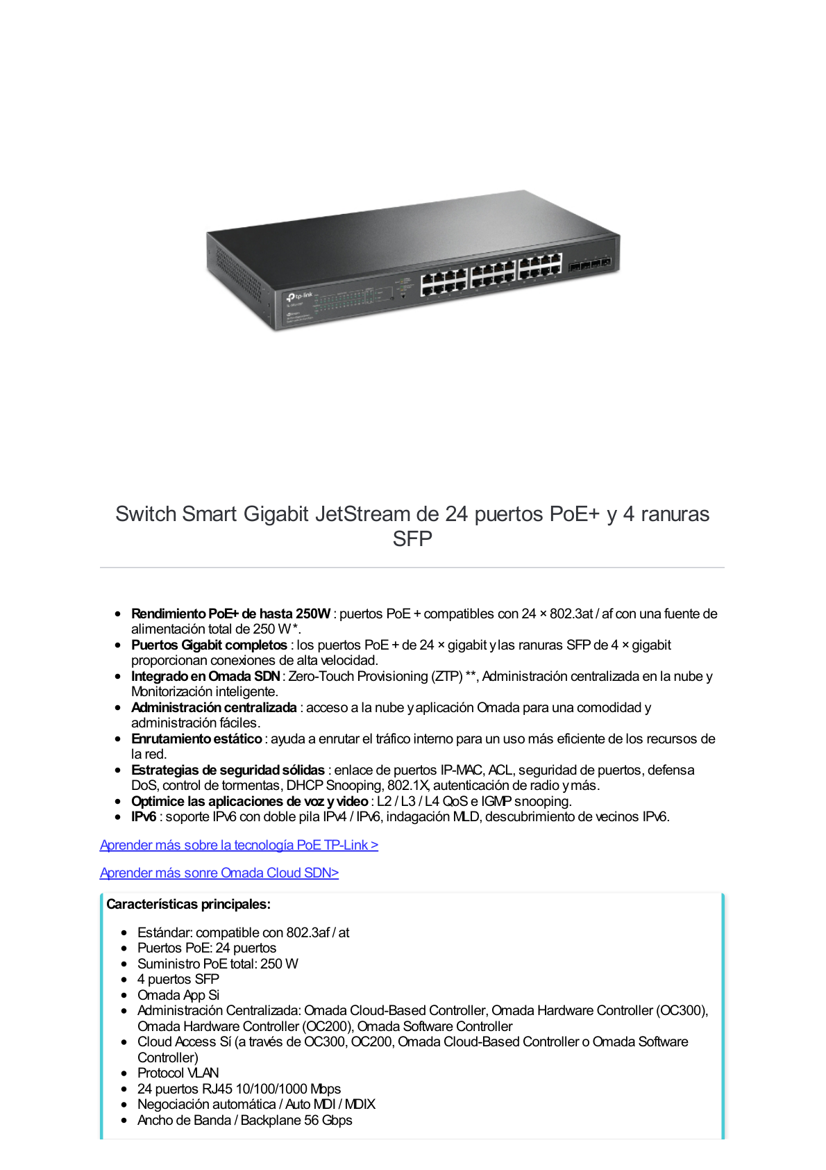 Switch PoE JetStream SDN Administrable 24 puertos 10/100/1000 Mbps + 4 puertos SFP, 24 puertos PoE, 250W, administración centralizada OMADA SDN