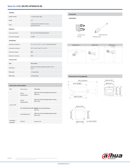 Camara Dahua DH-IPC-HFW5241E-ZE IP bullet 2 mp lente 2.7 mm IR 60 m plastico exterior wisense audio deteccion facial proteccion perimetral conteo de personas starlight PoE IP67