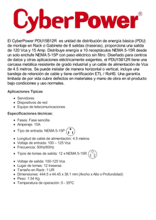 PDU Básico Para Distribución de Energía, Con 12 Tomas NEMA 5-15R Traseras, 1UR, 15 Amp, 120 Vca