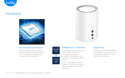 Sistema Mesh Cudy M1800 (3 piezas) Wi-Fi 6 AX1800 (2 puertos RJ45 gigabit 4 antenas internas por pieza) MU-MIMO Beamforming