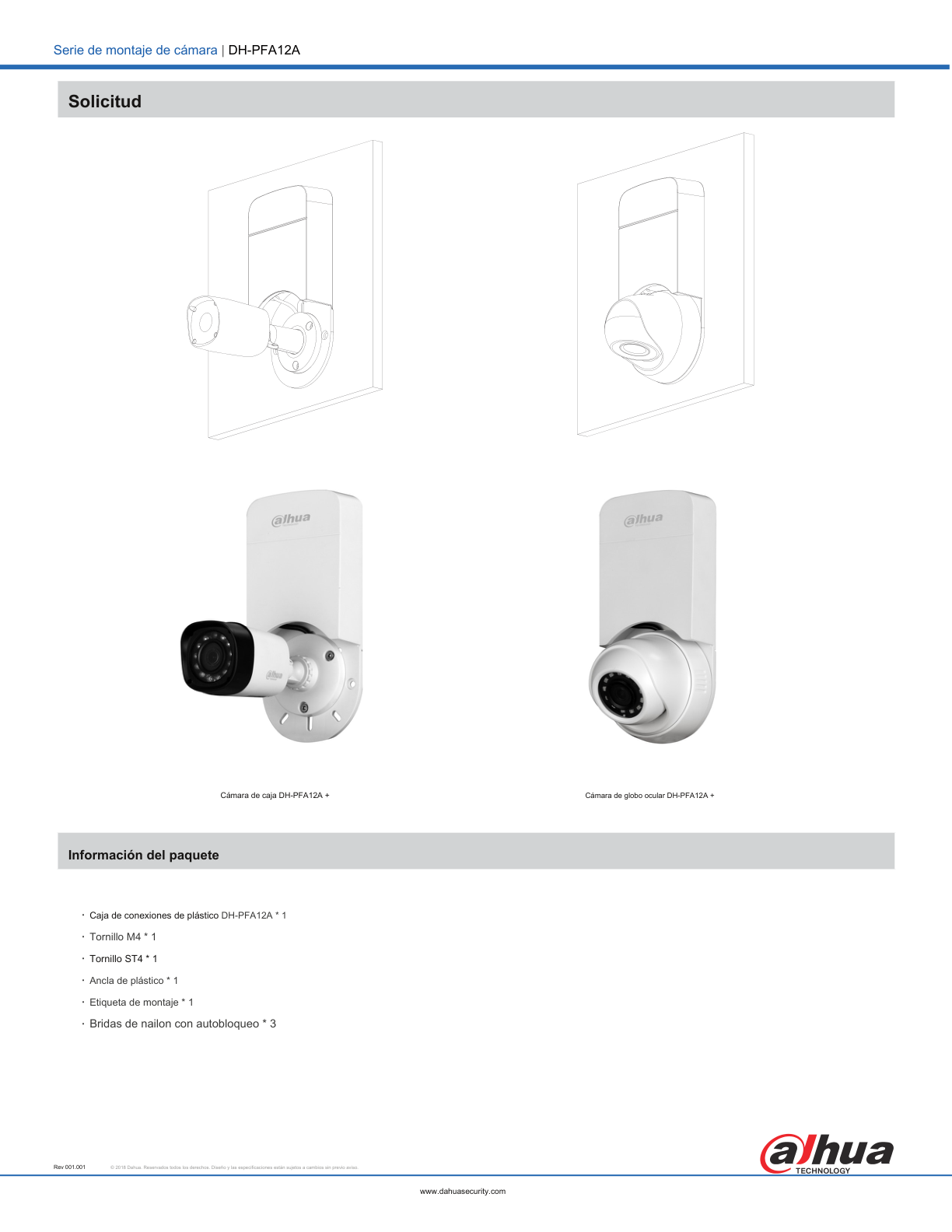 Caja Dahua DH-PFA12A de conexiones para camaras dahua tipo bullet y domo montaje en pared material policarbonato