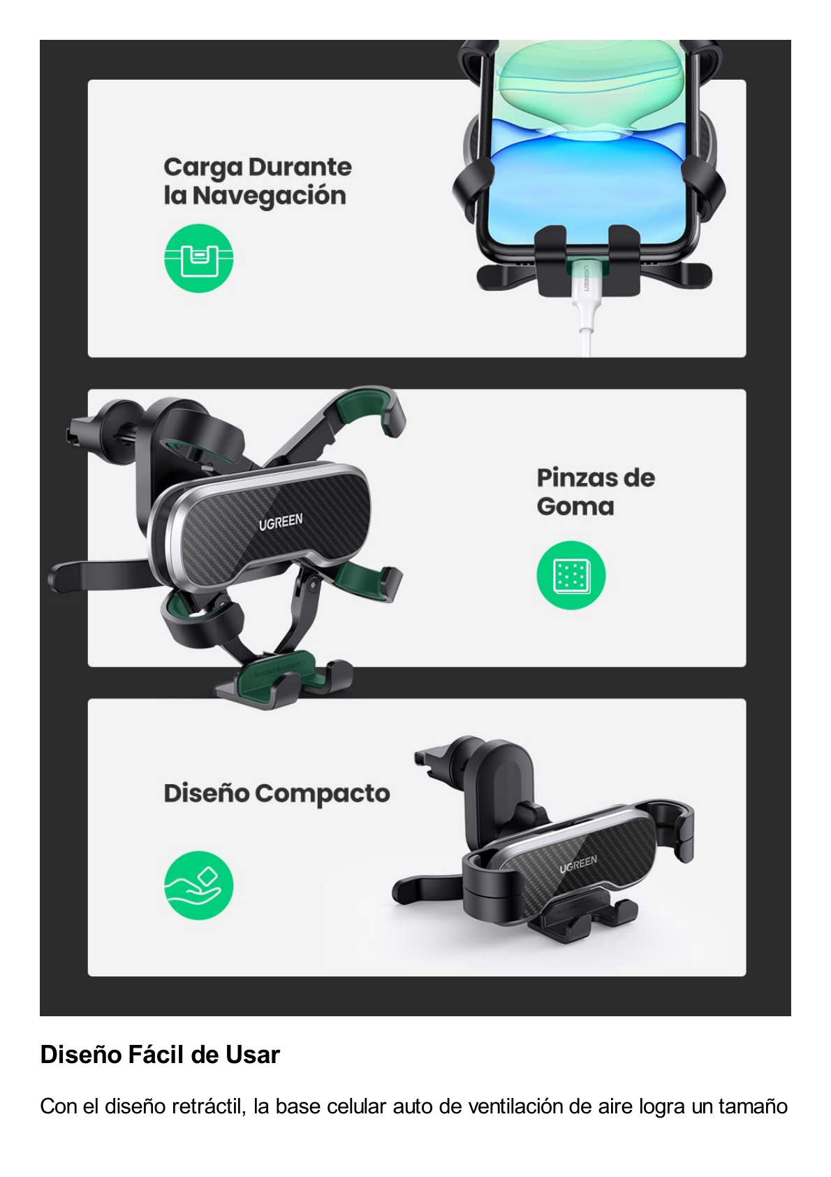 Soporte de Automóvil para Rendija de Ventilación |  Tecnología Gravity | Rotación de 360° | Suspensión por Gancho | Pinzas de Goma | Compatible con Rejilla de Ventilación Horizontal y Vertical.