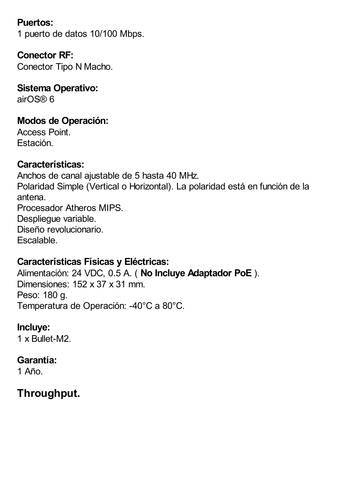 Radio airMAX Bullet-M2HP, hasta 100 Mbps, frecuencia de 2 GHz (2412 - 2472 GHz), No incluye adaptador PoE
