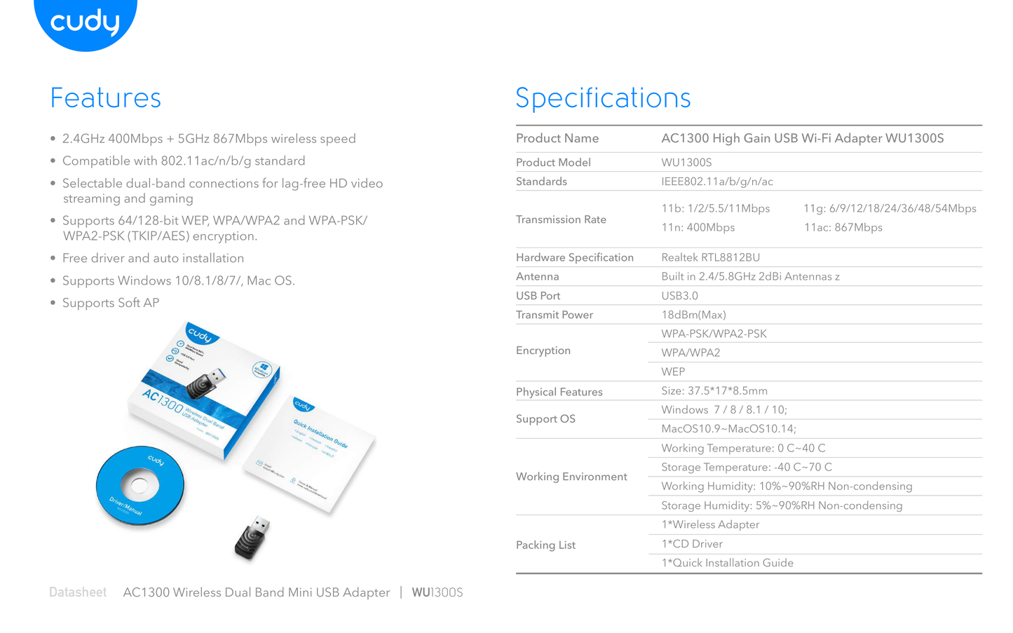 Adaptador inalámbrico USB 3.0 Cudy WU1300S Wi-Fi AC1300(2.4Ghz 400Mbps y 5Ghz 867Mbps)