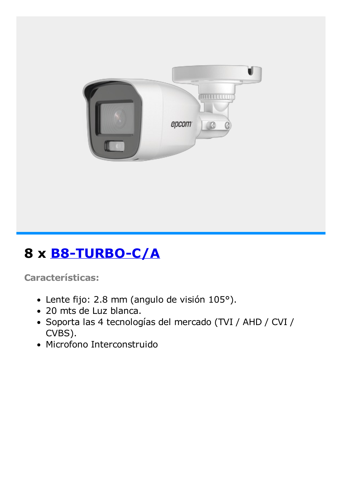 KIT TurboHD con Audio 1080p / DVR 8 Canales / 8 Cámaras Bala (exterior 2.8 mm) / Transceptores / Conectores / Fuente de Poder / AUDIO POR COAXITRON