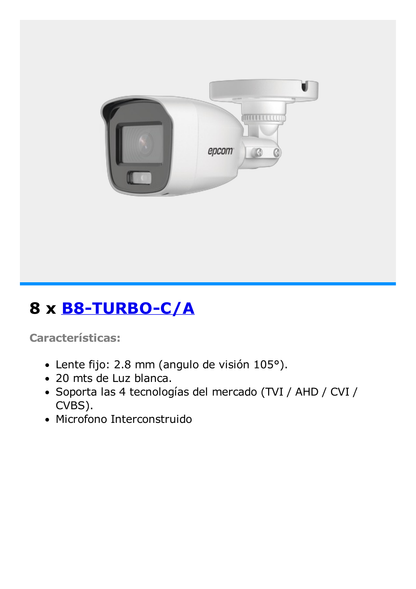 KIT TurboHD con Audio 1080p / DVR 8 Canales / 8 Cámaras Bala (exterior 2.8 mm) / Transceptores / Conectores / Fuente de Poder / AUDIO POR COAXITRON