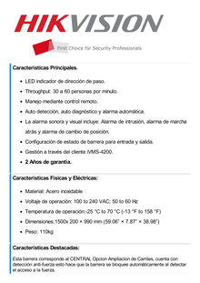 Torniquete Central para ampliar carriles /Con 12 pares de detectores IR para validación de permisos/ Soporta Terminal de reconocimiento facial/ audio personalizable.