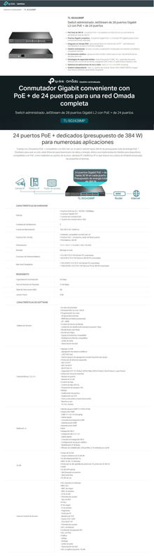 Switch TP-Link JetStream TL-SG3428MP administrable L2+ 24 puertos gigabit PoE+ 802.3at/af max. 384W 4 puertos SFP gigabit