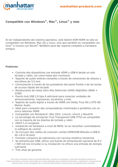 Kvm MANHATTAN swithc de 2 puertos para 2 monitores