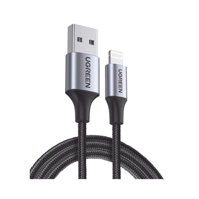 Cable USB-A a Lightning | 1 Metro | Certificado MFi | Carga Rápida 5V/2.4 A | 480 Mbps | Conector C94 | Adecuado para iPhone, iPad y iPod | Protección Integrada | Caja de Aluminio | Nylon Trenzado | Color Negro.