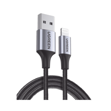 Cable USB-A a Lightning | 1 Metro | Certificado MFi | Carga Rápida 5V/2.4 A | 480 Mbps | Conector C94 | Adecuado para iPhone, iPad y iPod | Protección Integrada | Caja de Aluminio | Nylon Trenzado | Color Negro.