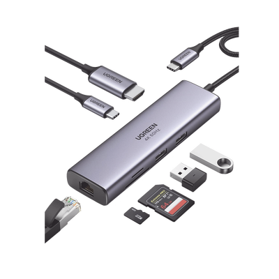 HUB USB-C (Docking Station) 7 en 1 | 2 USB-A 3.0 (5Gbps) | 1 USB-C PD Carga 100W | HDMI 4K@60Hz | RJ45 (Gigabit Ethernet) | Lector Tarjetas SD + Micro SD (TF) Uso Simultáneo | Cable de Nylon Trenzado | Caja de Aluminio.