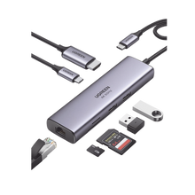 HUB USB-C (Docking Station) 7 en 1 | 2 USB-A 3.0 (5Gbps) | 1 USB-C PD Carga 100W | HDMI 4K@60Hz | RJ45 (Gigabit Ethernet) | Lector Tarjetas SD + Micro SD (TF) Uso Simultáneo | Cable de Nylon Trenzado | Caja de Aluminio.