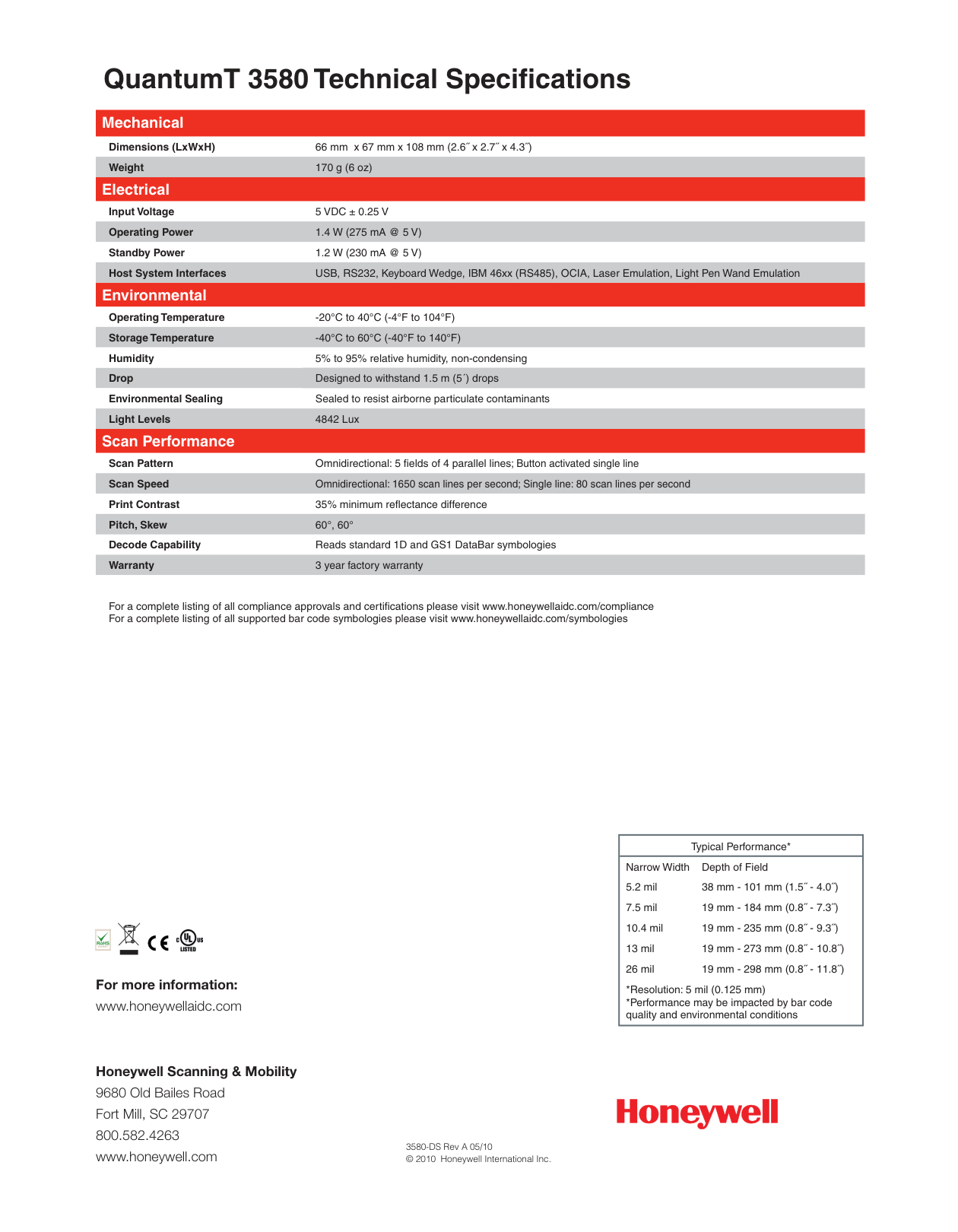 Lector de Codigo de Barras Honeywell Quantum Omnidireccional MK3580-31A38 con cable Usb Negro