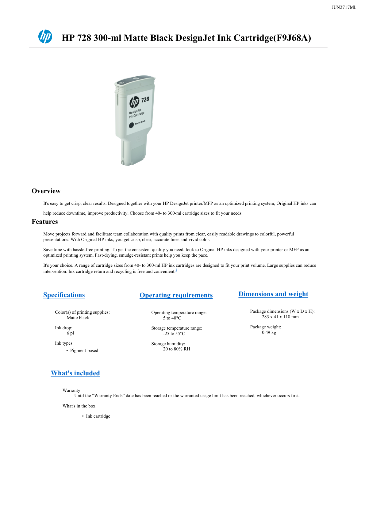 TINTA HP LF 728 F9J68A NEGRO MATE LF DESIGNJET T730/T830 300ML