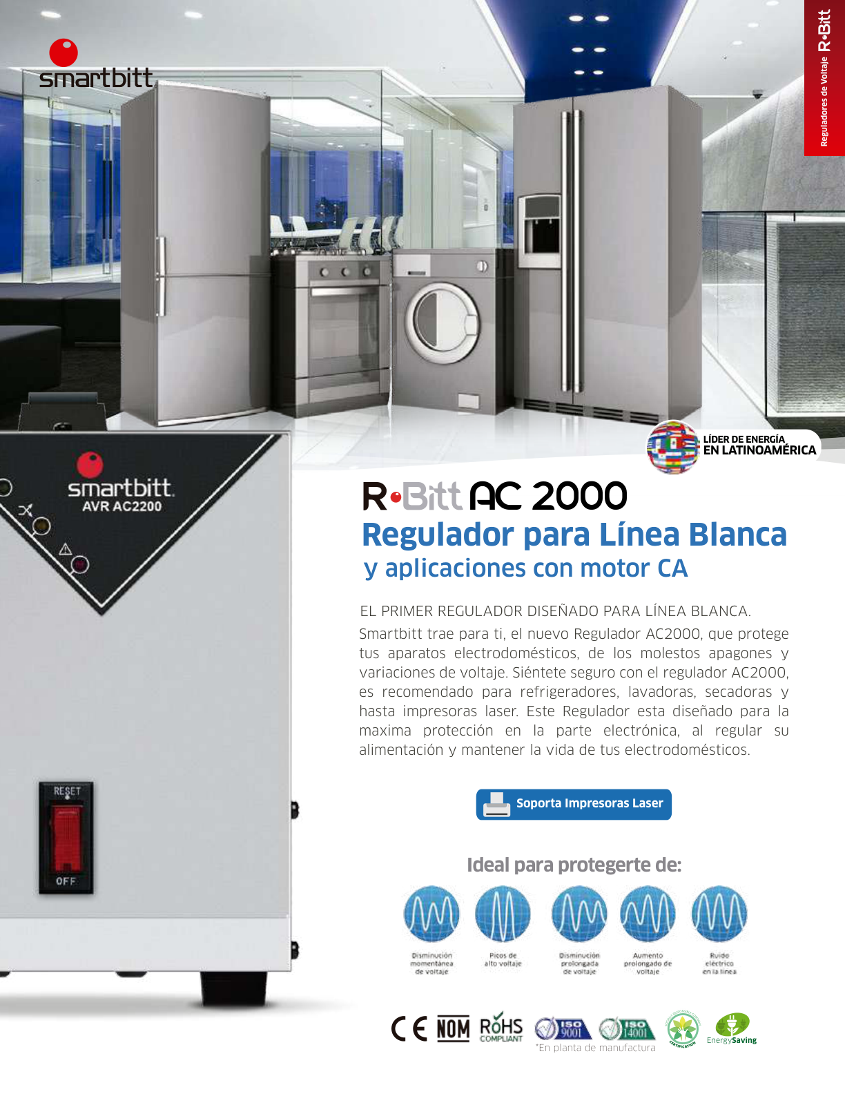 Regulador Smartbitt SBAVRC2000 de 2000VA/1200W rango salida 80-150 Vca línea blanca lavadoras hasta 300W y secadoras hasta 700W