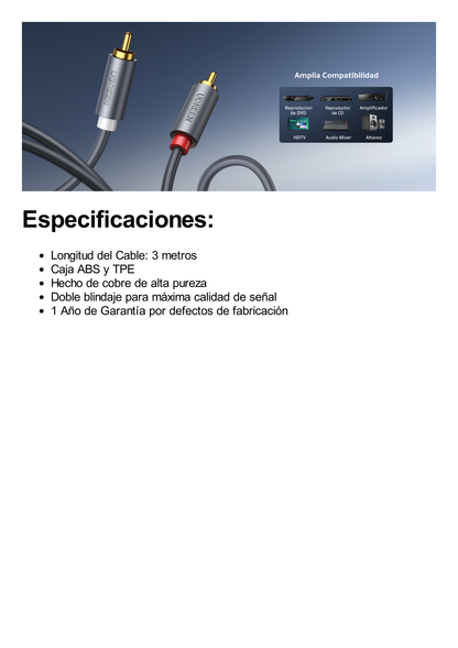 Cable de Audio 2 RCA Macho a 2 RCA Macho / 3 Metros / Color Negro / Alta Calidad /Anillos de goma para asegurar un agarre firme al instalar o quitar el cable