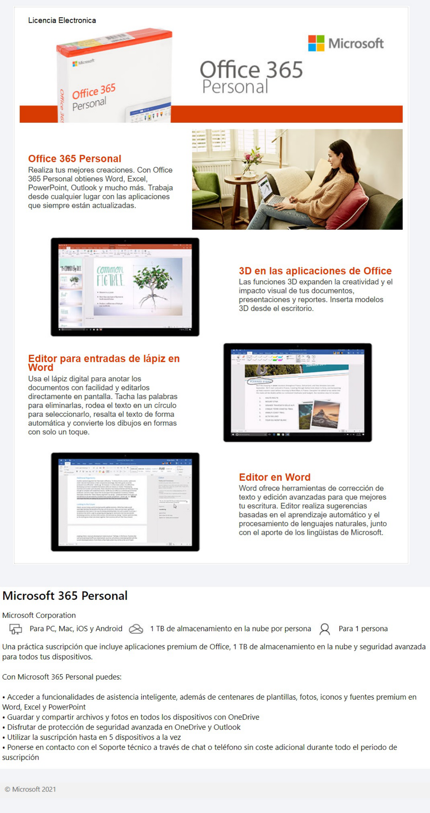 Microsoft 365 Personal ESD 32/64bits multilenguaje electronico (1año)