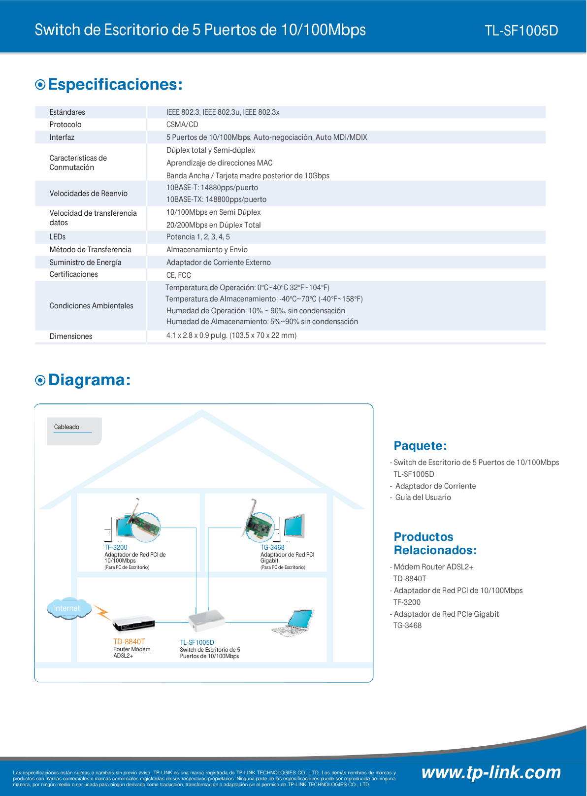 Switch TP-Link TL-SF1005D escritorio 5 puertos RJ45 10/100M no administrable carcasa de plástico