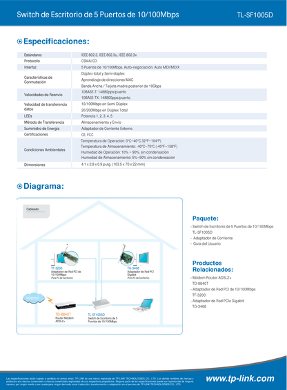 Switch TP-Link TL-SF1005D escritorio 5 puertos RJ45 10/100M no administrable carcasa de plástico