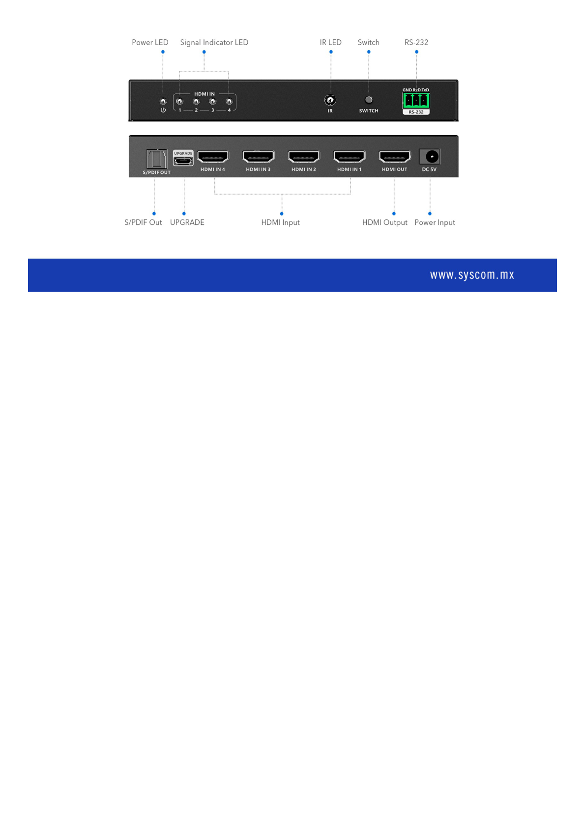 Switch Conmutador  HDMI 4X1 | 4 Entradas 1 Salida | Velocidad de trasmisión 48 Gbps | Resolución 8K | Salida de audio | HDCP 2.3