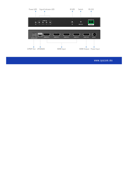 Switch Conmutador  HDMI 4X1 | 4 Entradas 1 Salida | Velocidad de trasmisión 48 Gbps | Resolución 8K | Salida de audio | HDCP 2.3