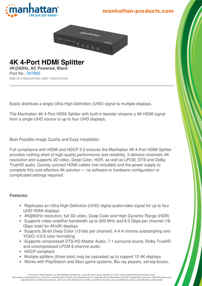 VIDEO SPLITTER MANHATTAN HDMI 1IN: 4OUT 4K@30HZ