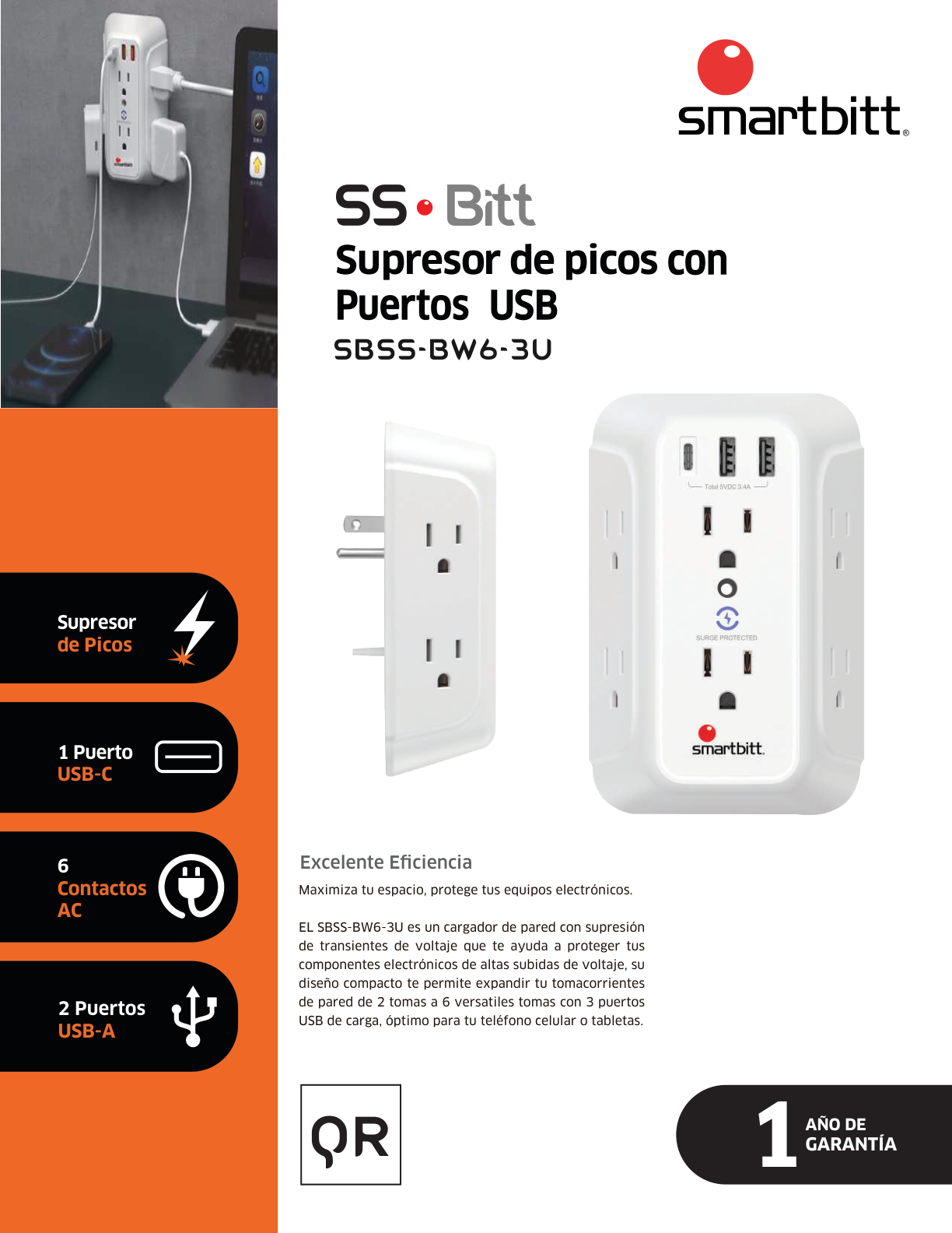 Supresor de picos pared Smartbitt SBSS-BW6-3U 6 NEMA 5-15R 1 x USB-C 5V-3A y 4 x USB-A 5V-2.4A material retardante contra fuego