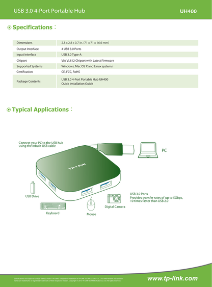 Hub portable TP-Link UH400 de 4 puertos de entrada USB 3.0 y conector USB 3.0 tipo A