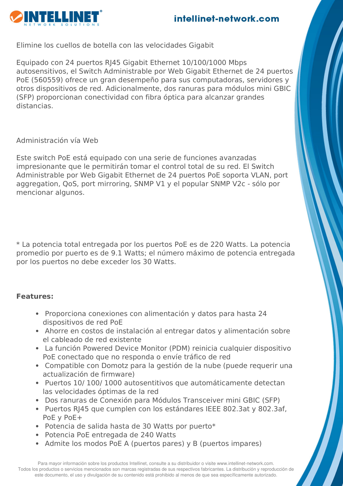 Switch PoE Intellinet administrable Gigabit 24 puertos 30W/pto 240W 2 SFP