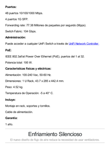 UniFi Switch USW-48-POE, Capa 2 de 48 puertos (32 puertos PoE 802.3af/at + 16 puertos Gigabit) + 4 puertos 1G SFP, 195W, pantalla informativa