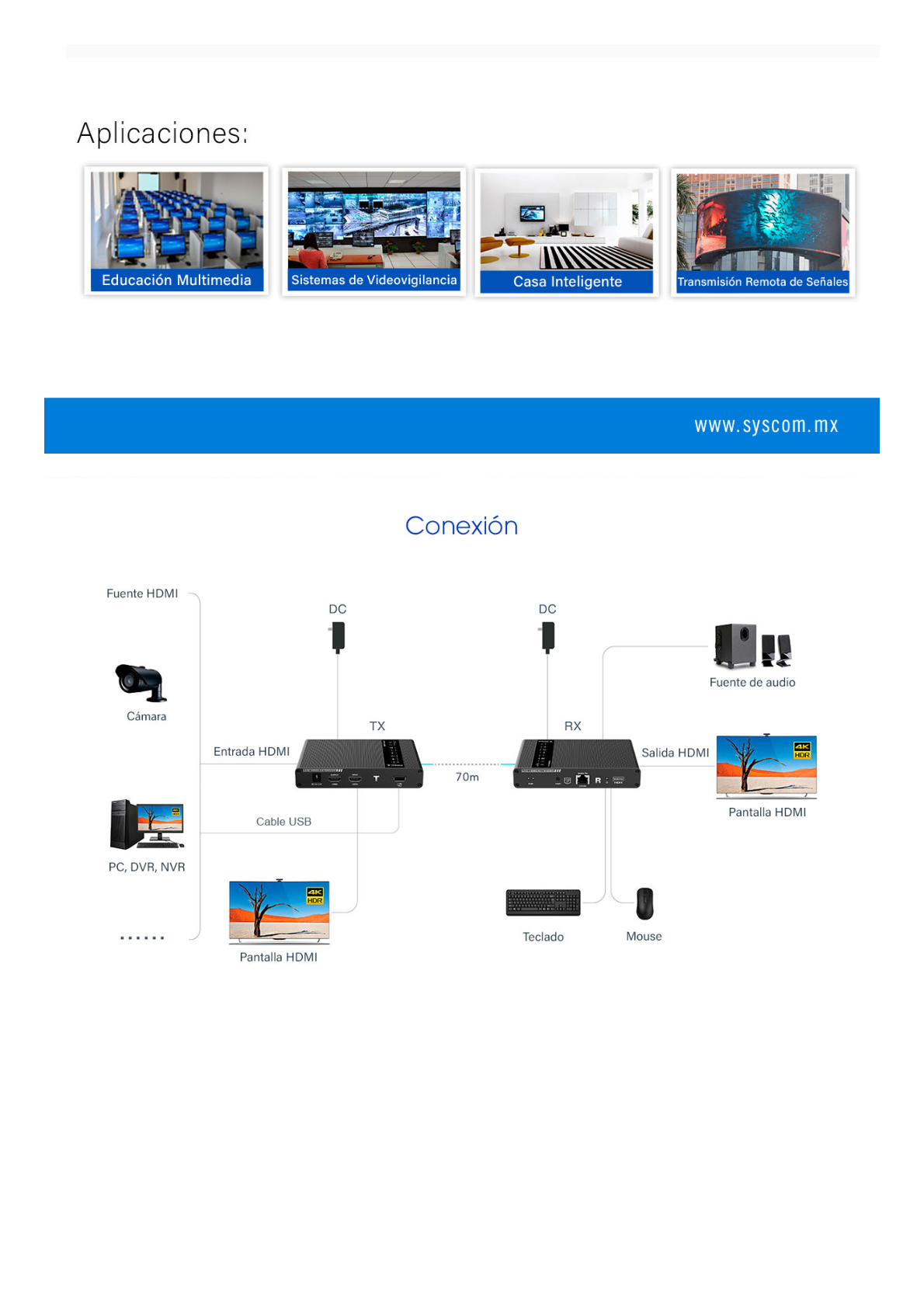 Kit extensor KVM (HDMI y USB) hasta 120 metros / Resolución 1080P @ 60 Hz / Soporta STP y UTP CAT6 /  Soporta Switch Gigabit para control KVM múltiple / Soporta hasta 253 receptores / Transmite el Video y Controla tu DVR vía USB