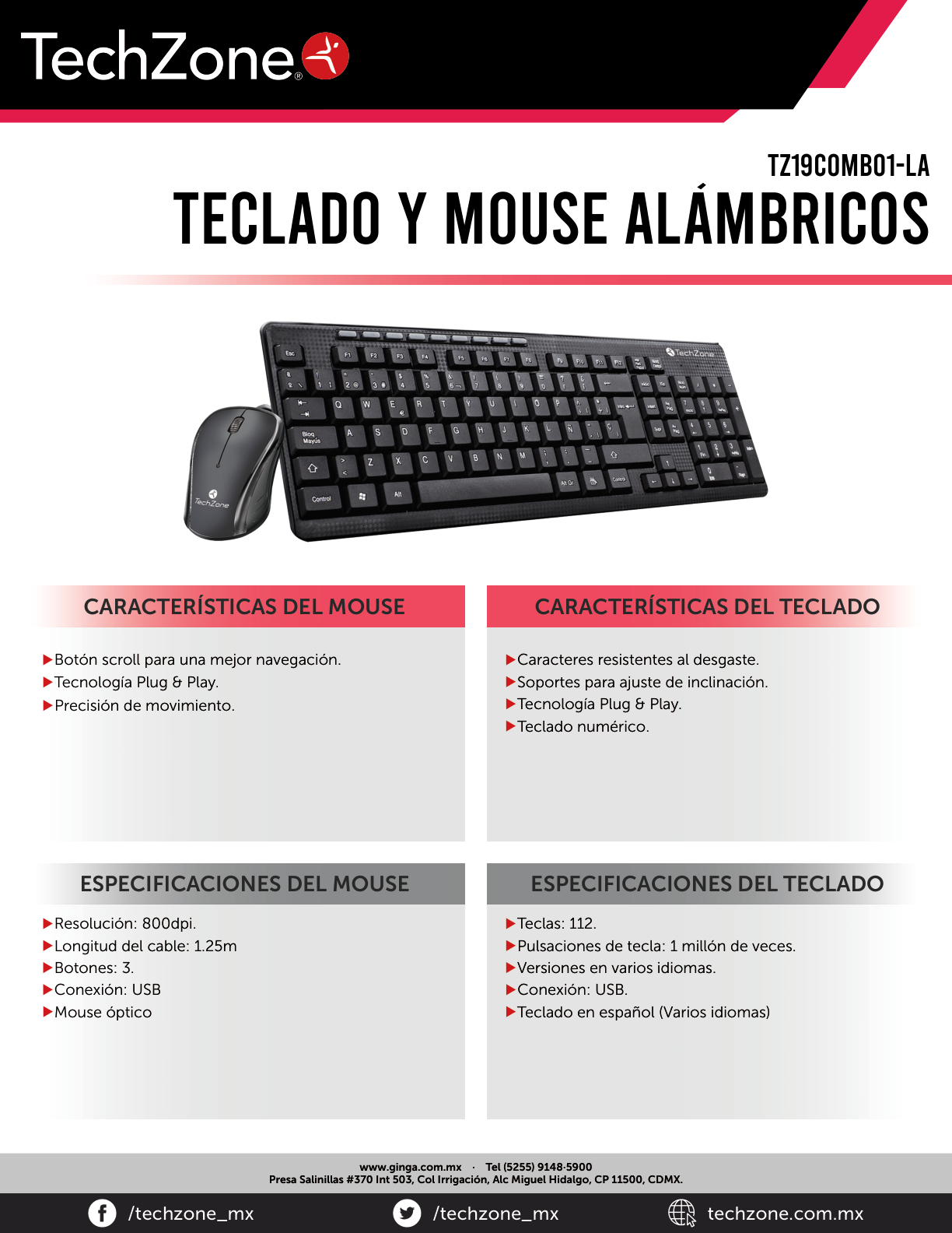 KIT TECLADO Y MOUSE ALAMBRICO TECHZONE USB NEGRO MULTIMEDIA