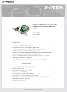 Tarjeta PCI Express X-Media XM-PEX-2S con 2 puertos seriales DB9 RS232 velocidad de transferencia 115Kbps por puerto