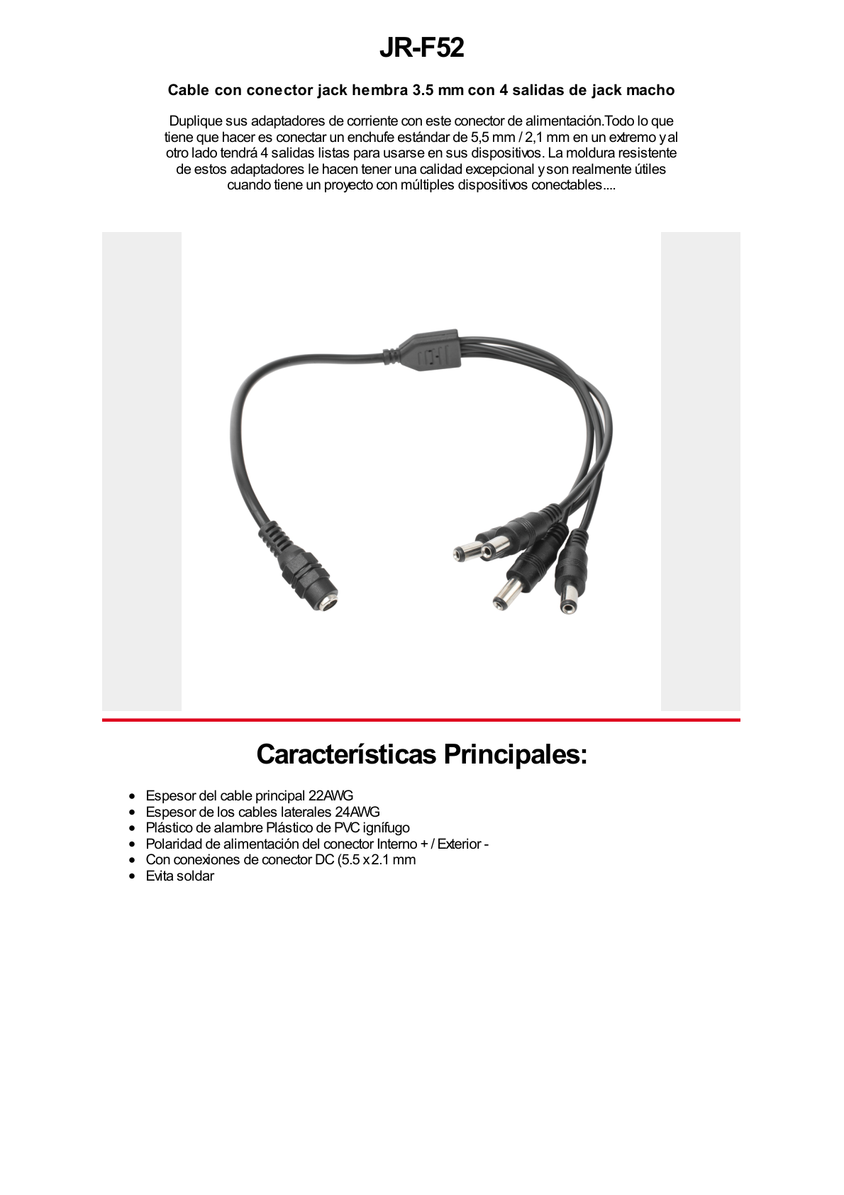 Cable con Conector Jack Hembra de 3.5 mm con 4 Salidas de Jack Macho (Divisor de energía)  / TIPO PULPO / 4 Conectores Macho / 1 Conector Hembra / Jack de 3.5mm