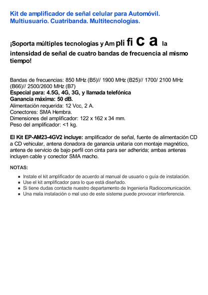 KIT Amplificador de Señal Celular Para Vehículo/ Soporta y Mejora la Señal Celular 5G, 4G LTE/ Múltiples Operadores, usuarios y dispositivos/ Ideal para Vehículo tipo Camioneta, Pick up o Sedán.