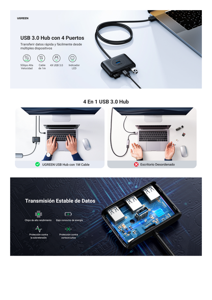 HUB USB-A 3.0 4 en 1 | 4 Puertos USB-A 3.0 (5Gbps) | Entrada USB-C (PD 5V2A) | Cable de 1 Metro | Indicador Led | Ideal para Transferencia de Datos | Entrada USB-C para alimentar equipos de mayor consumo | Color Negro.