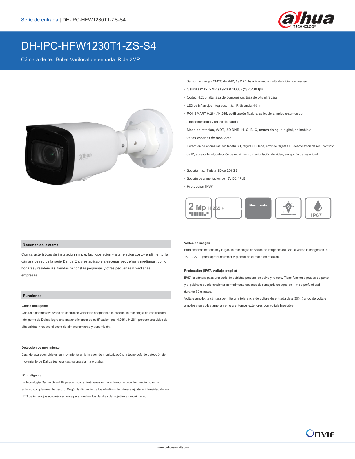 Camara Dahua DH-IPC-HFW1230T1N-ZS IP bullet 2 mpx lente motorizado 2.8 mm  h.265 IR 50 m PoE IP67