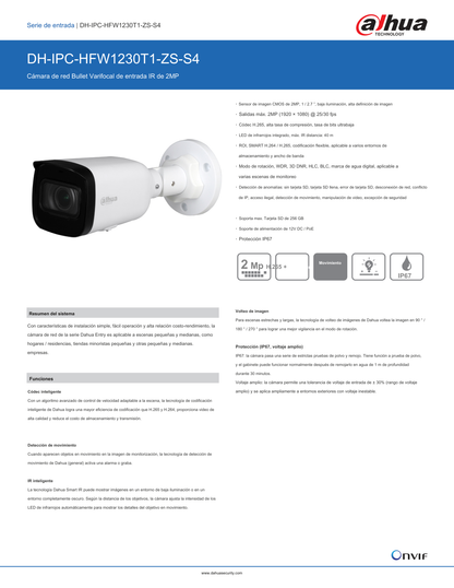 Camara Dahua DH-IPC-HFW1230T1N-ZS IP bullet 2 mpx lente motorizado 2.8 mm  h.265 IR 50 m PoE IP67