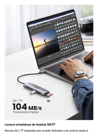 HUB USB-C Multipuertos / HDMI 4K@30Hz  / 3 Puertos USB-A 3.0 / Lector Tarjeta SD+TF (Uso Simultáneo) / 6 en 1 / Carcasa de Aluminio.